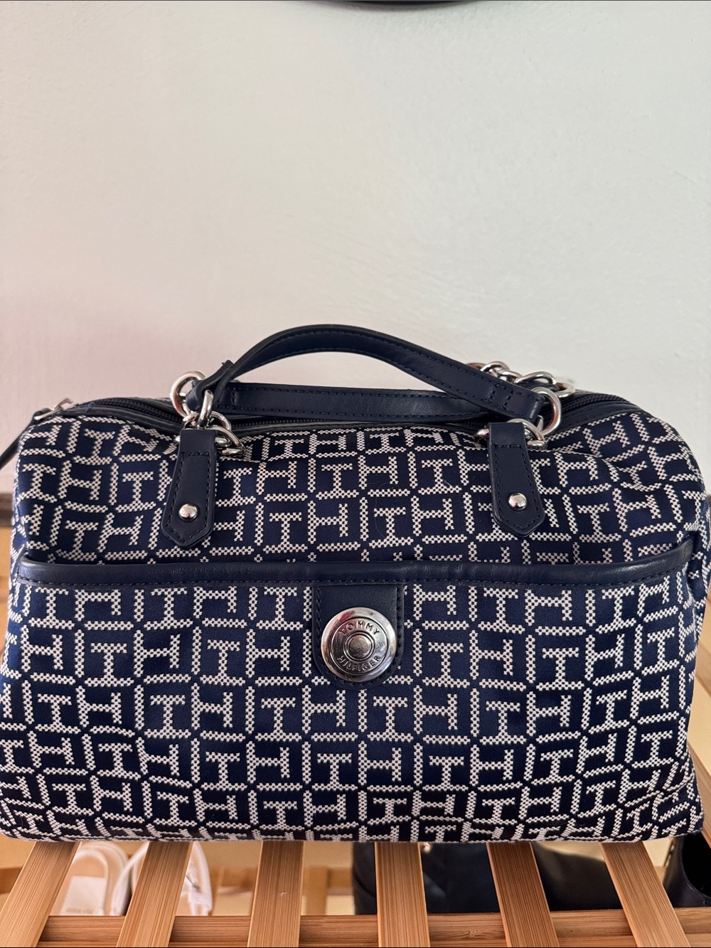 Tommy Hilfiger Navy and White Monogram Dome Satchel